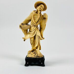 Vintage Chinese Soapstone Fisherman 14" Figurine w Basket